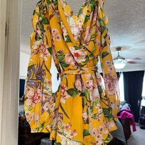 Yellow Tie Front Sundress with Bishop Sleeves